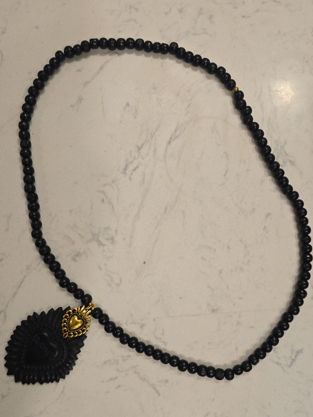Black Beaded Necklace with LOVE & Gold Heart Accent - Women's Accessories